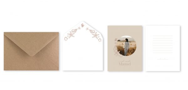 La Photo Card Premium + Postal + Sellos es una opción elegante y minimalista para invitaciones de Comunión.