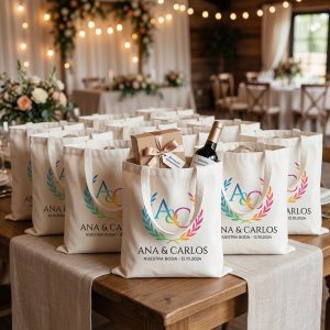 Bolsa blanca con asas personalizada para eventos. Tamaño 36x39 cm. Ideal para bodas, comuniones y regalos. Envía tu diseño o foto para personalizar tu pedido. Práctica, elegante y versátil.