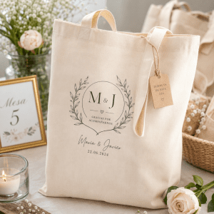 Bolsa de tela personalizada con asas. Elige entre poliéster de tacto suave, algodón 180g, poliéster asas cortas o algodón 300g. Ideal para regalos de bodas, comuniones y eventos. Sube tu diseño