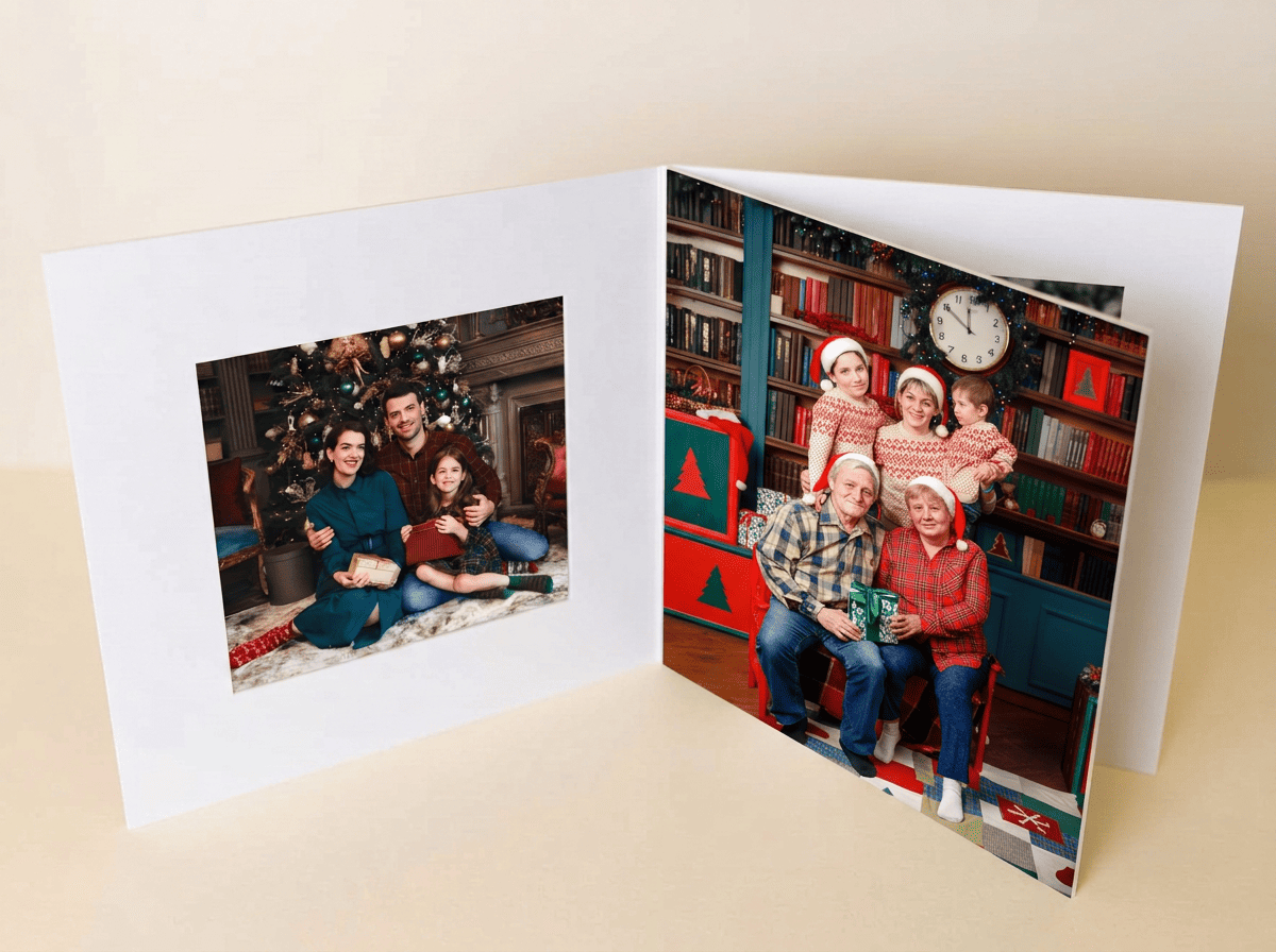 Minibook personalizado para Navidad abierto sobre una mesa navideña, mostrando en su interior fotografías familiares impresas con colores vivos y acabado profesional, junto a decoración navideña como luces cálidas, ramas de pino y lazos rojos, destacando su formato compacto y elegante presentación como detalle regalo.